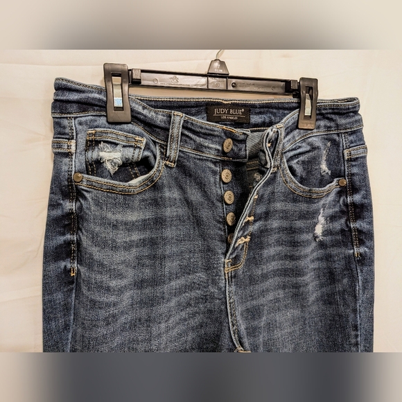 Judy Blue Jeans Womens 5/27  Blue Denim Trouser Flare Button Fly Distressed - Picture 3 of 10